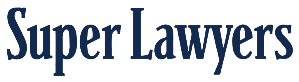 The image shows the logo for "Super Lawyers" in navy blue font with an elongated "L.